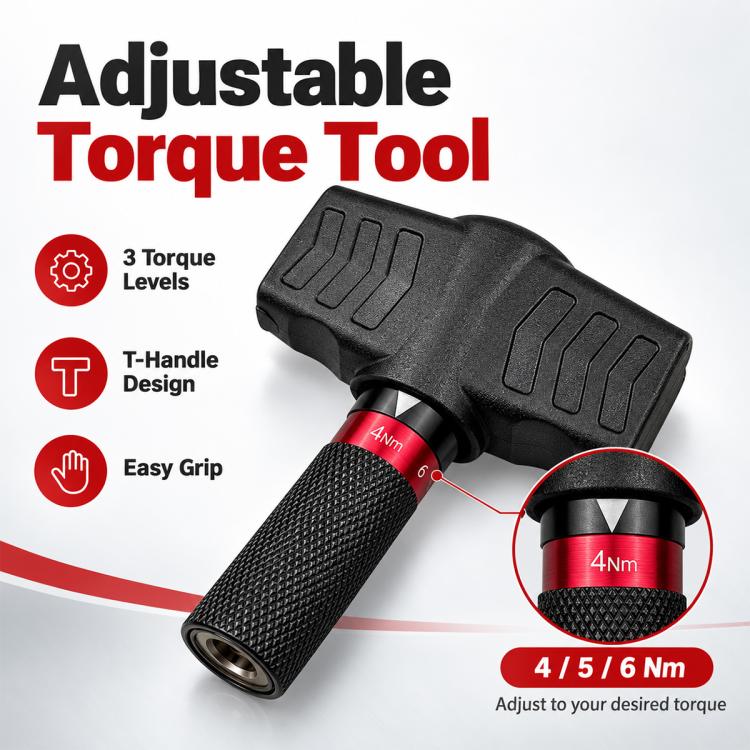 Black T-handle adjustable torque wrench with textured grip and red torque marking