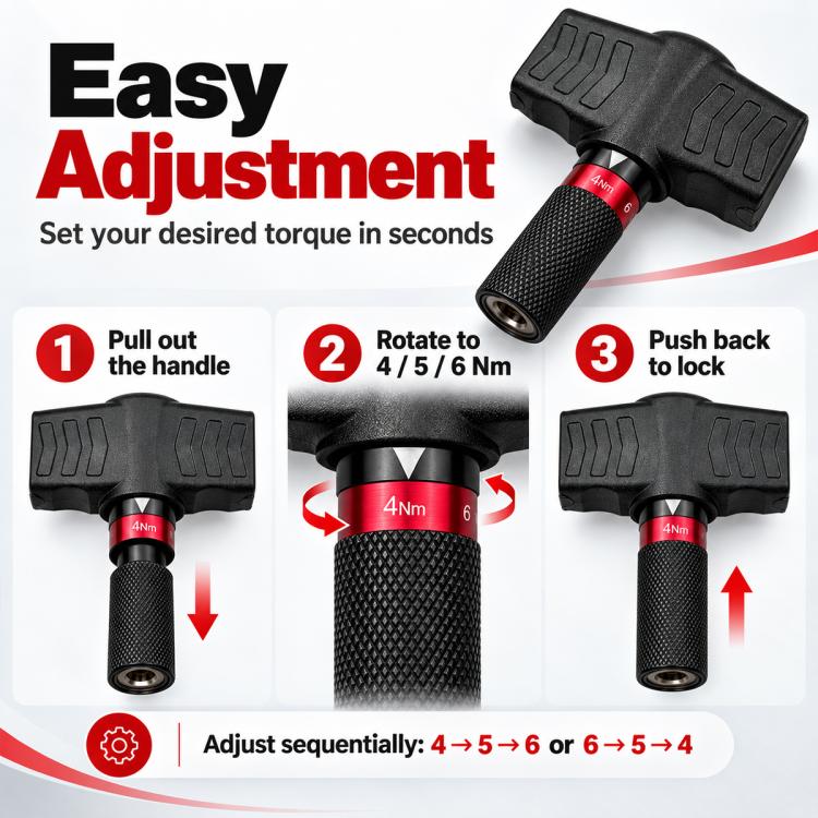 Black adjustable torque tool with textured grip and red rotating torque ring