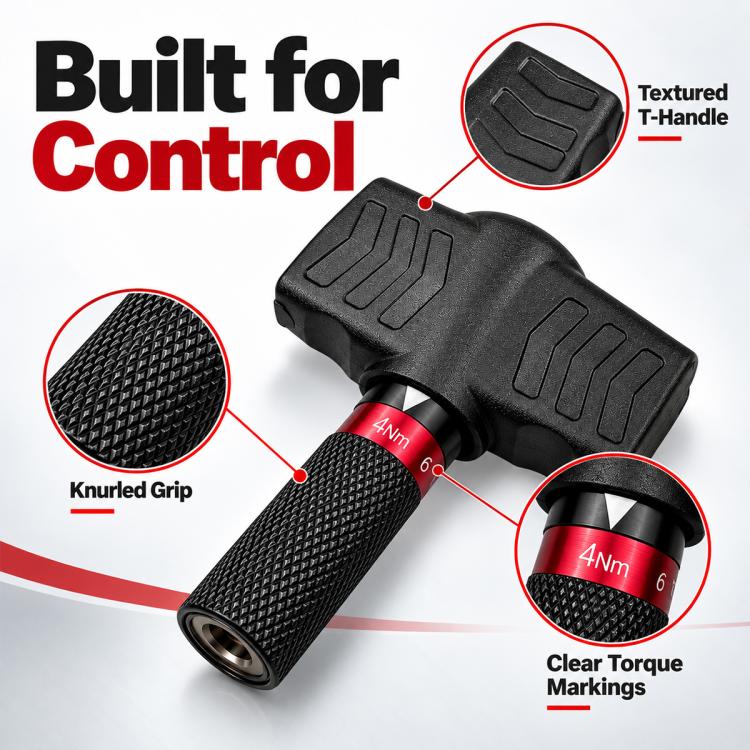 Textured T-handle torque wrench with clear torque markings on red collar