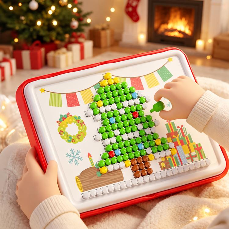 Kids Christmas 3D pegboard set with colorful mushroom peg pieces on board