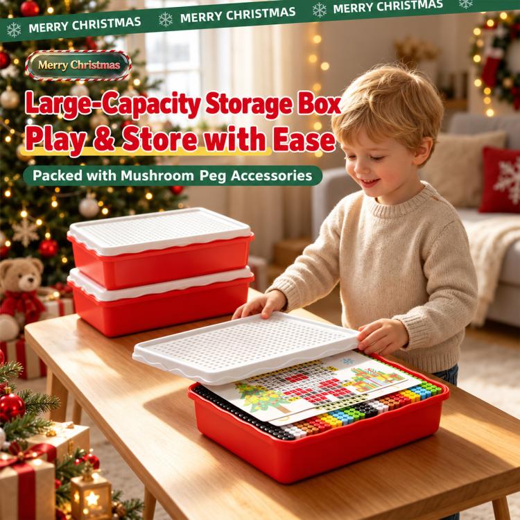 Kids Christmas pegboard toy with red storage case and play board on table