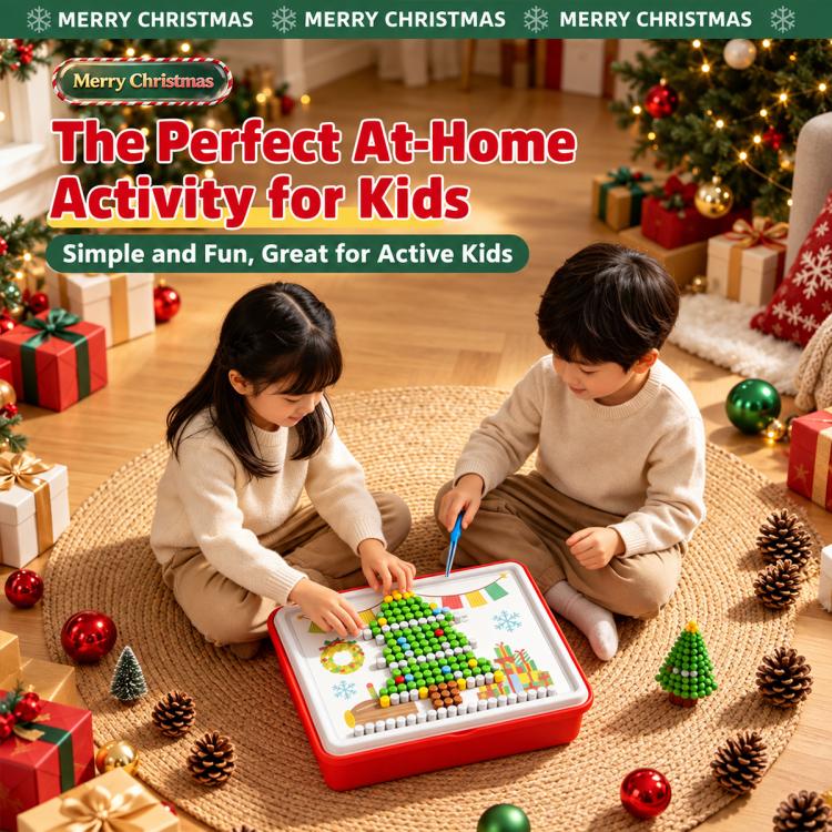 Kids pegboard activity set with green peg pieces and white board in red tray