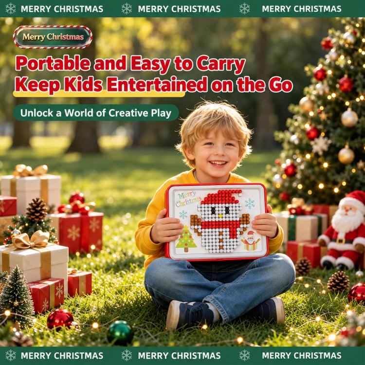 Portable kids Christmas pegboard set holding a colorful snowman design tray