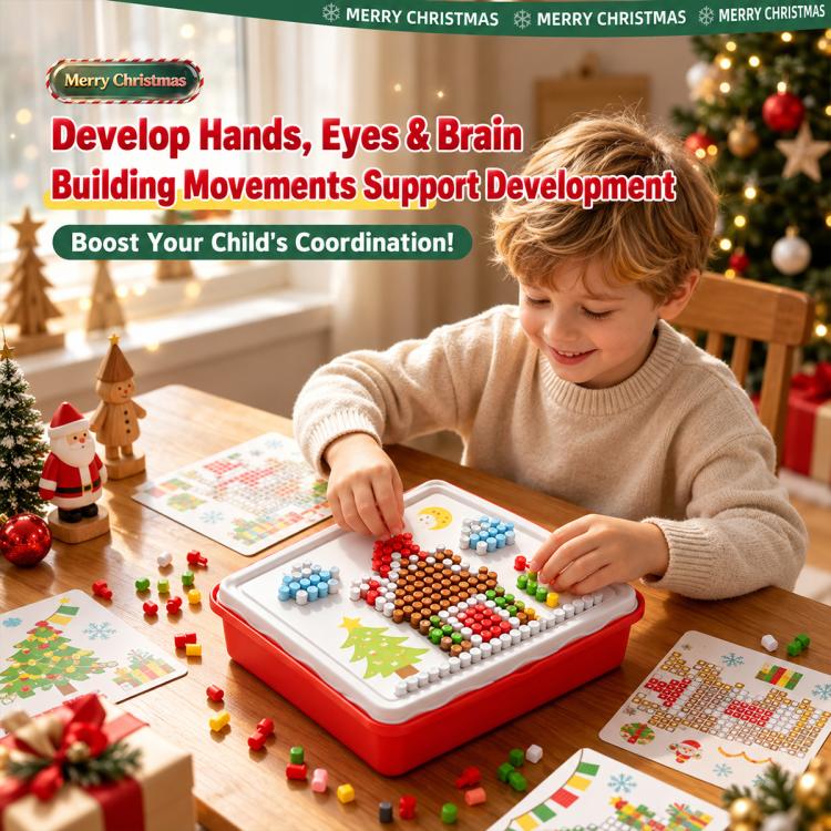 Child using Christmas pegboard kit with multicolor pegs on white board tray