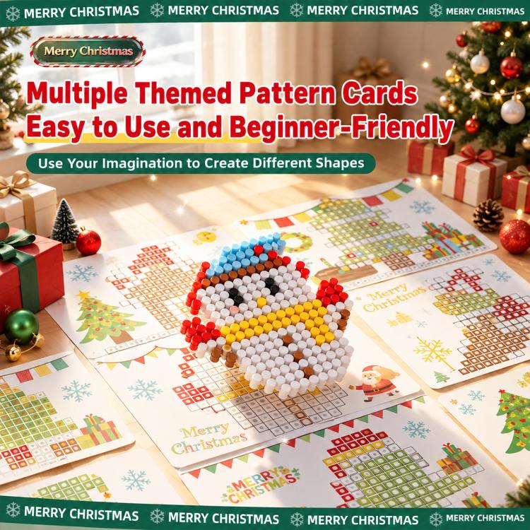 Christmas pegboard pattern cards with colorful peg designs and mushroom shapes