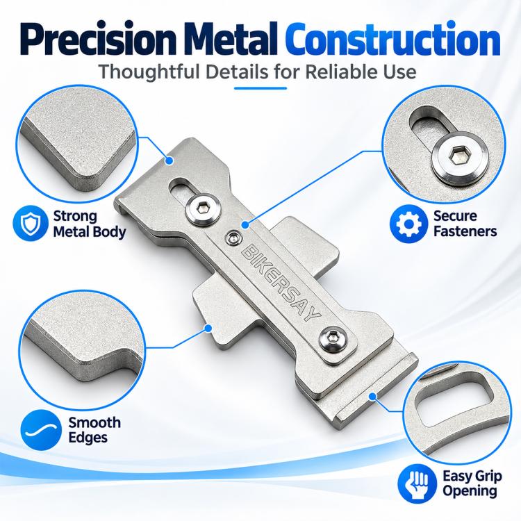 Silver metal disc brake tool with smooth edges and hex socket adjustment ends