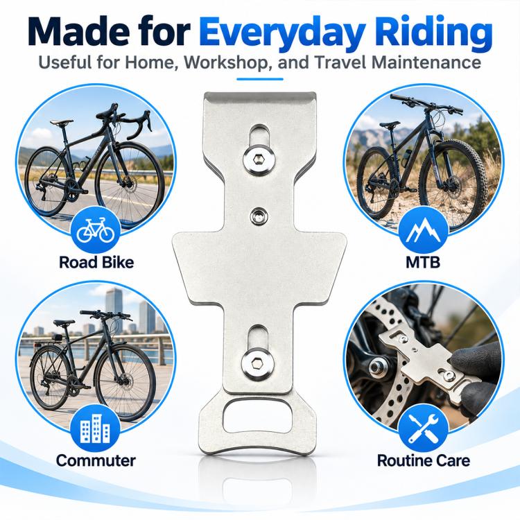 Silver compact bicycle disc brake maintenance tool with cross-shaped metal adjuster