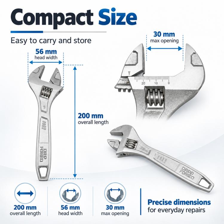 Silver compact adjustable wrench with 30 mm max opening and measured scale