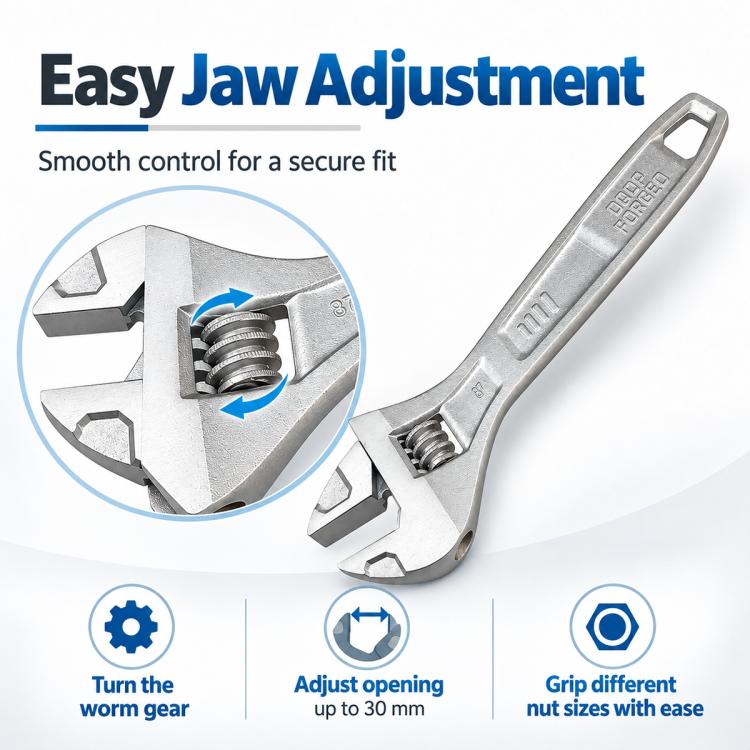 Silver adjustable wrench with easy jaw adjustment and worm gear for secure grip