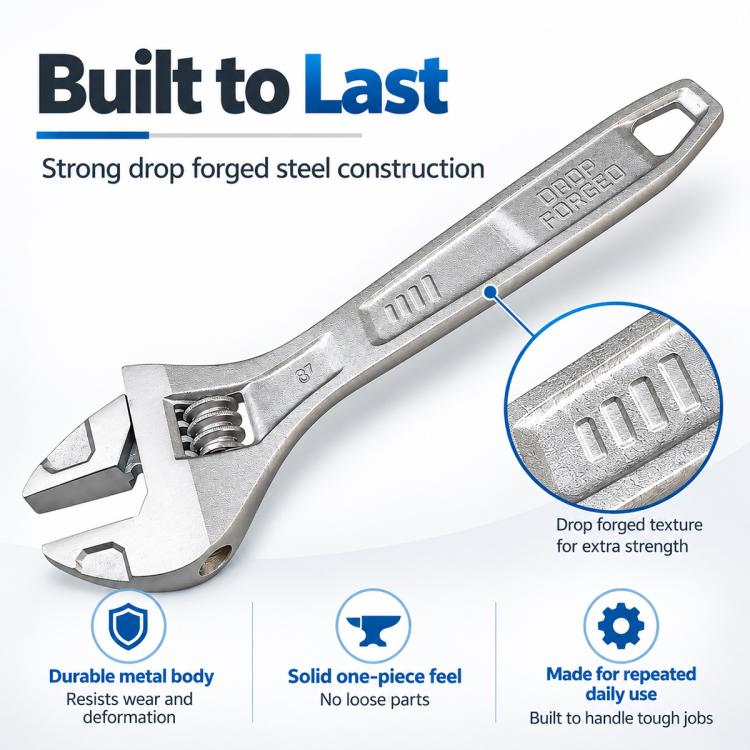 Silver drop-forged steel adjustable wrench with durable metal body and textured grip