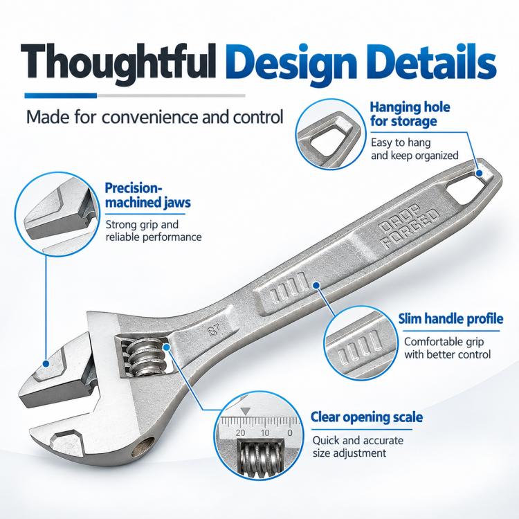 Silver adjustable wrench with precision-machined jaws, hanging hole, and slim handle