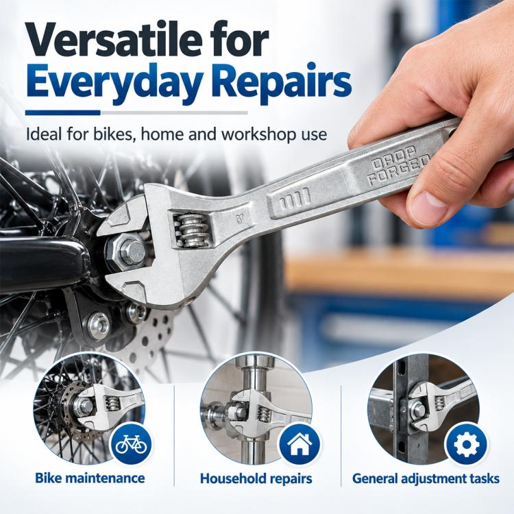 Silver adjustable wrench held by hand for bike maintenance and general repairs