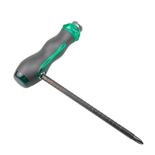 Bike repair screwdriver with green-and-gray handle and extended hex bit