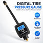 Digital tire pressure gauge with blue backlit LCD, black housing and extended tube