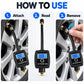 Digital tire pressure gauge shown on wheel for attaching and reading, blue LCD