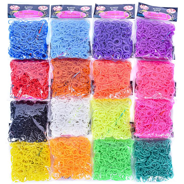 Rubber band bracelet making kit with assorted color packs of elastic bands, multiple shades