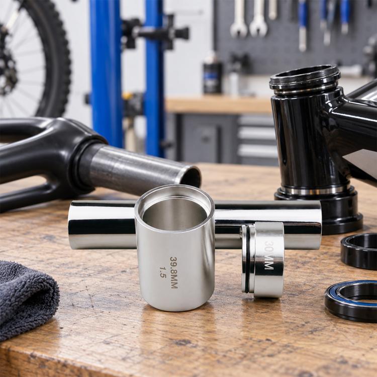 Stainless steel bicycle front fork crown race installer tool with metal driver tube and cups