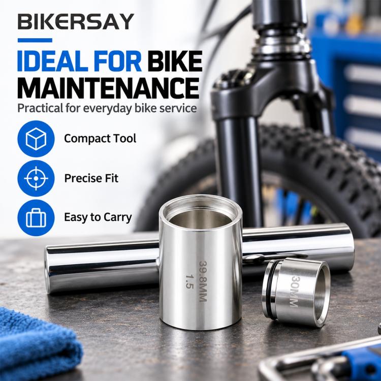 Stainless steel front fork crown race installer tool with driver tube and adapter cups