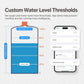 Water level thresholds infographic with app settings for the liquid level sensor