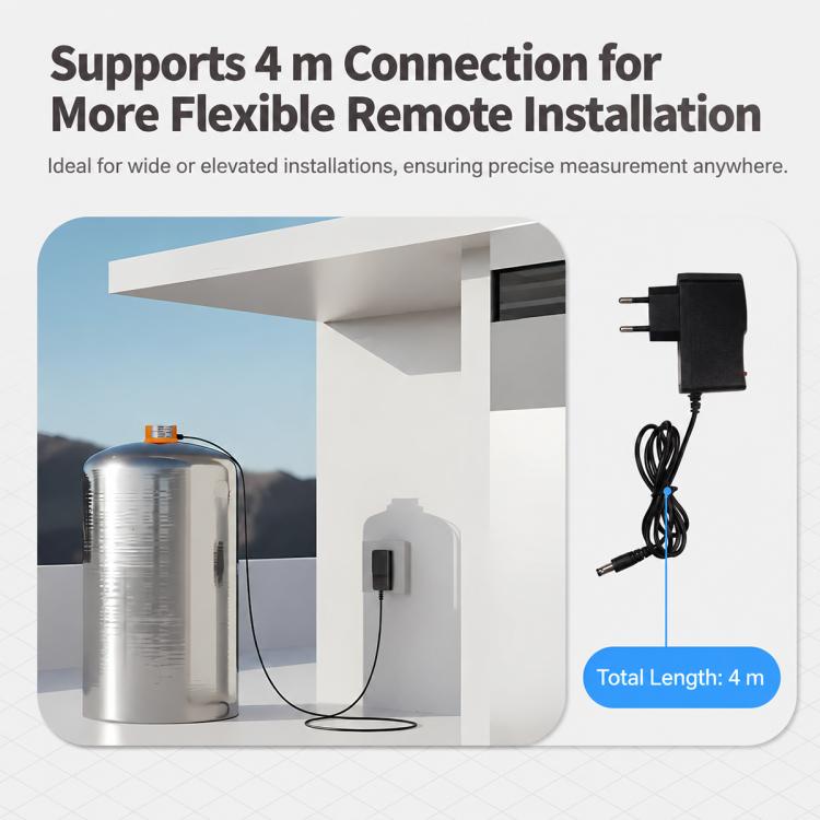 Liquid level sensor installation illustration with 4 m remote connection and power adapter