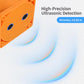 Orange sensor casing close-up with circular openings for ultrasonic detection