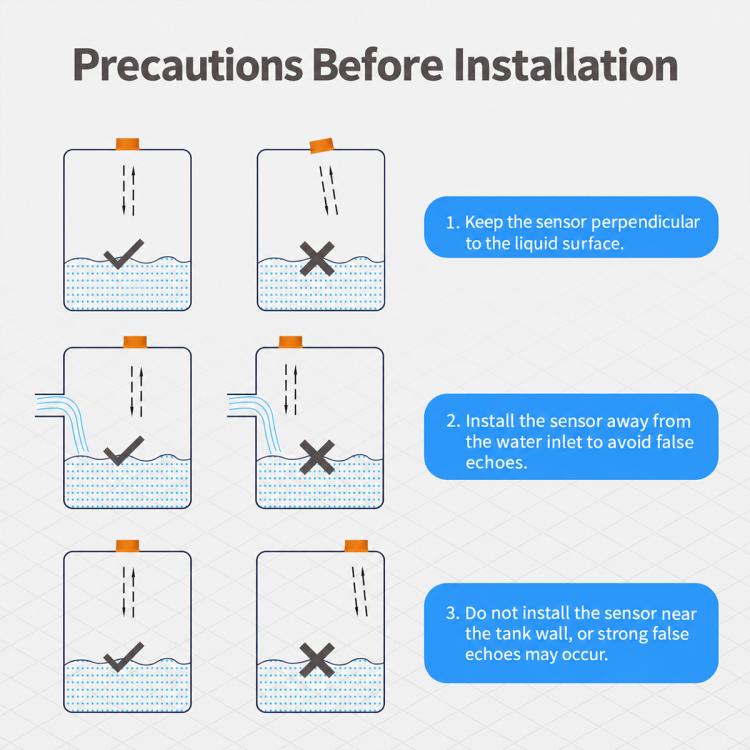 Installation precautions diagram for liquid level sensor with correct liquid contact
