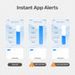 Smartphone app alert screens for liquid level sensor: normal and alarm levels