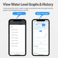 Smartphone app screens showing water level graphs and history for liquid level sensor