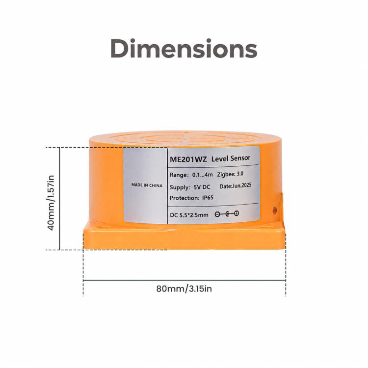 Orange liquid level sensor dimensions diagram with height and width measurements