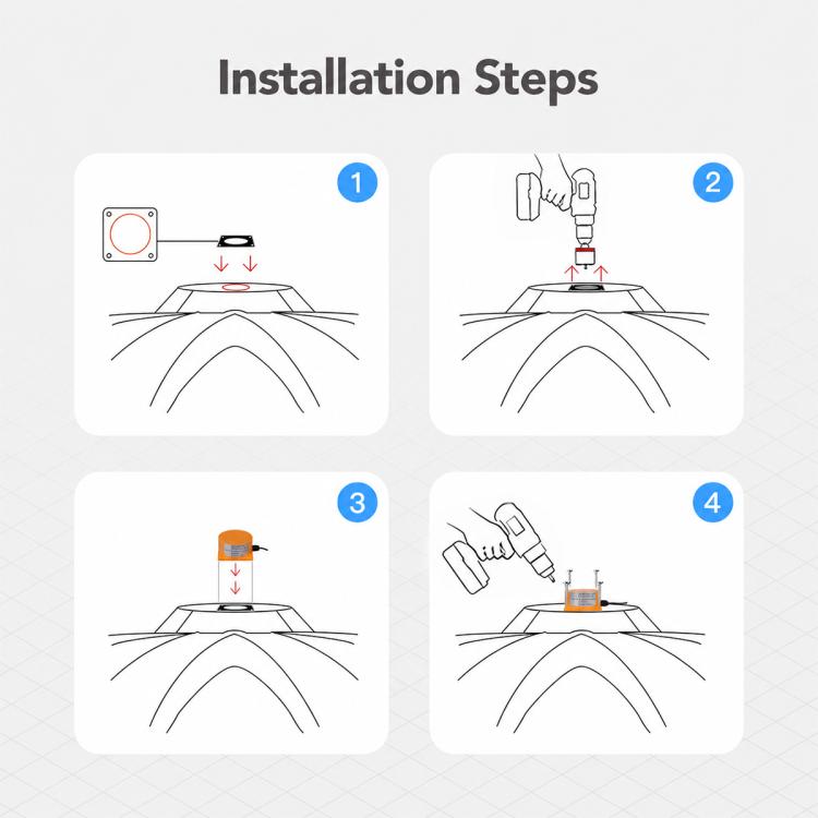 Four-step installation diagram showing liquid level sensor placement and wiring
