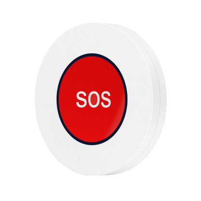 White circular SOS emergency alert button with red center and black border