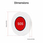 White SOS emergency alert button with red center, shown with size dimensions
