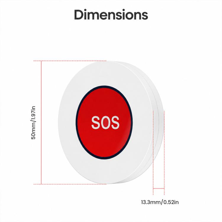 White SOS emergency alert button with red center, shown with size dimensions