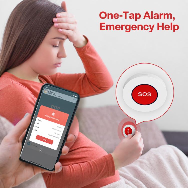 Person holding a phone app while touching a white SOS emergency button