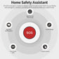 Home safety assistant diagram with central white SOS emergency button and app options