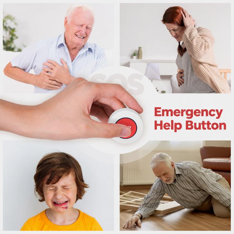 Hand pressing a white SOS emergency help button with red center