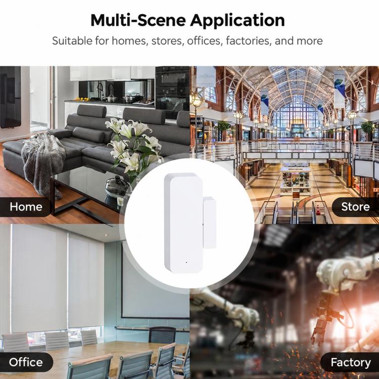 Wireless magnetic door and window sensor shown for home, office, store, and factory