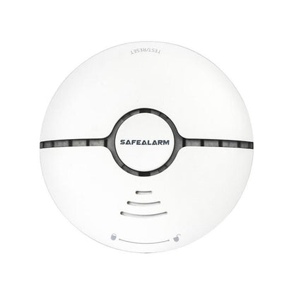 Round white smoke detector alarm with black center ring and vent slots, SAFEALARM logo