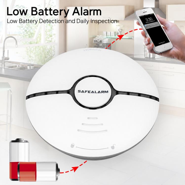 Round white smoke detector alarm with black center ring and grille vent slots