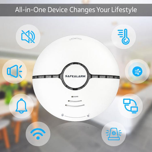 Round white smoke detector alarm with black center ring and grille vent slots