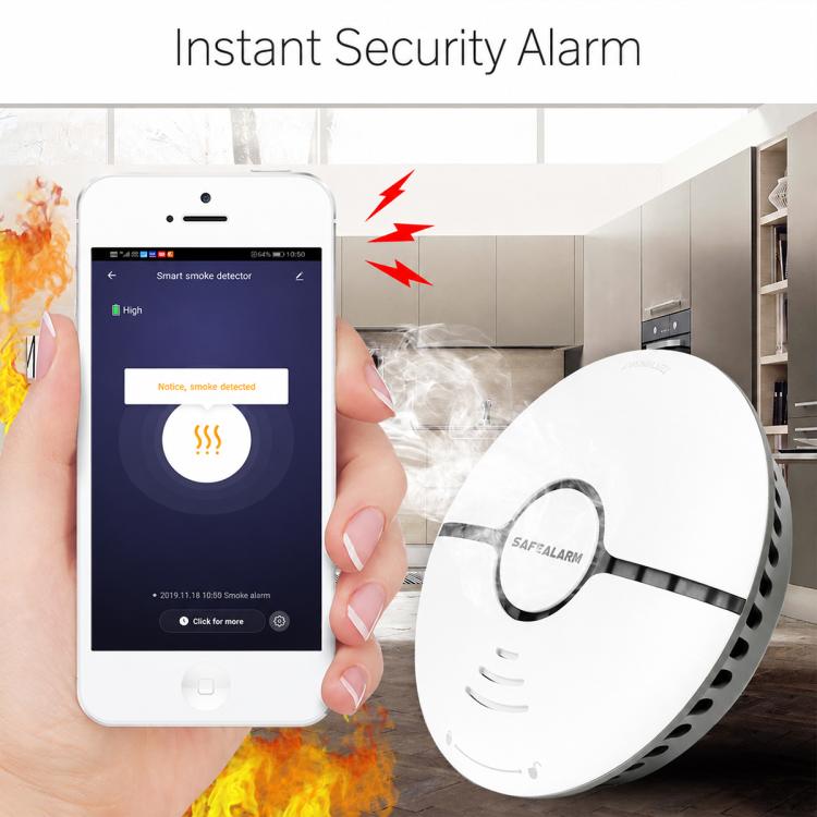 White round smoke detector alarm with black center ring and mounting tabs