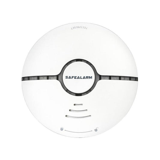 Round white smoke detector alarm with black center ring and vent slots, SAFEALARM logo