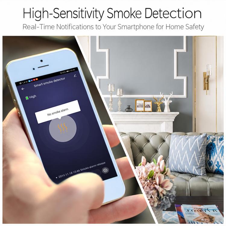 Round white smoke detector alarm with black center ring and grille vent slots