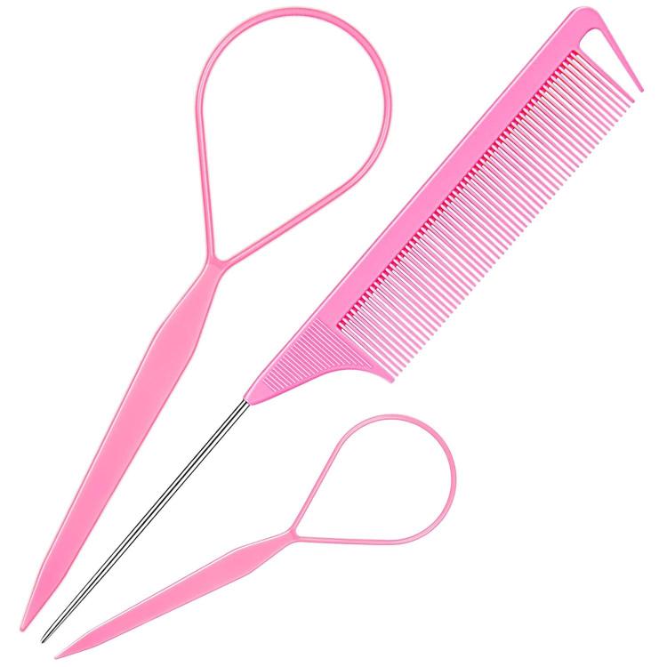 Pink highlight comb and topsy tail tool set with hook tip for hair braiding