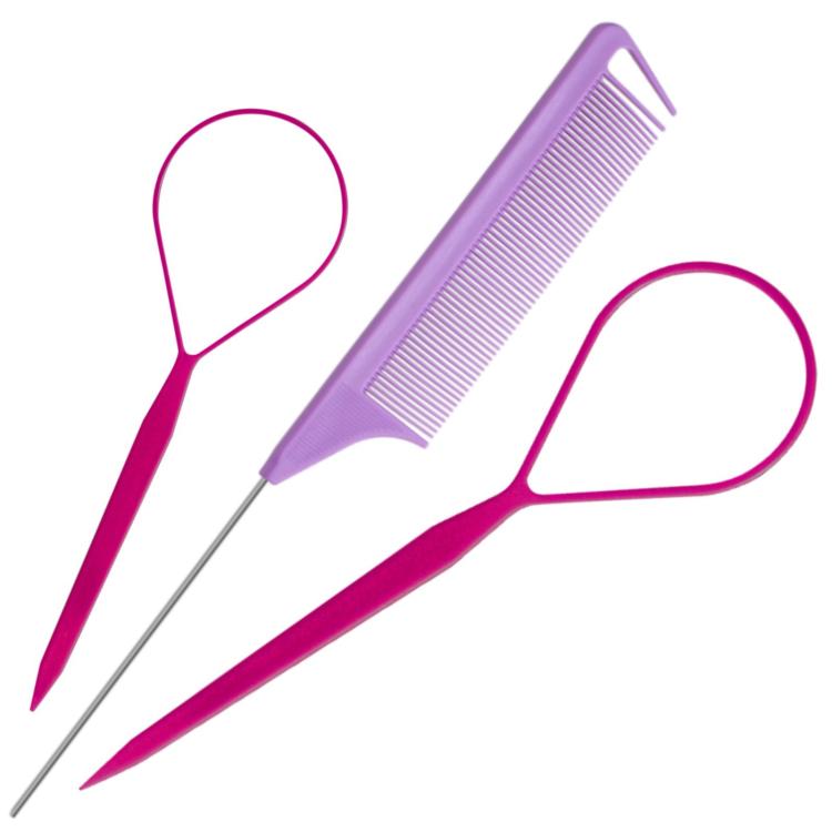 Purple highlight comb and topsy tail tool set with hook tip for hair braiding