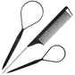 Black highlight comb and topsy tail tool set with hook tip for hair braiding