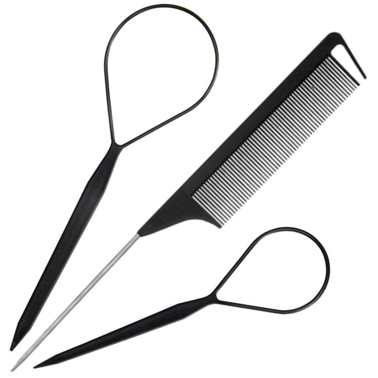 Black highlight comb and topsy tail tool set with hook tip for hair braiding