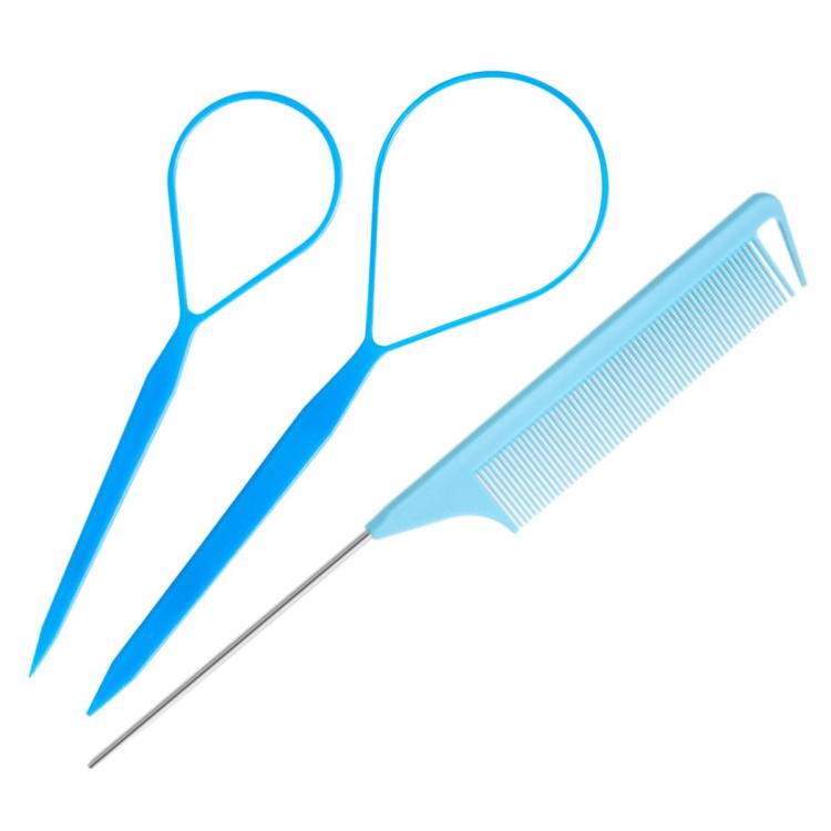 Blue highlight comb and topsy tail tool set with hook tip for hair braiding