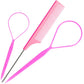 Pink highlight comb and topsy tail tool set with loop handle for hair braiding