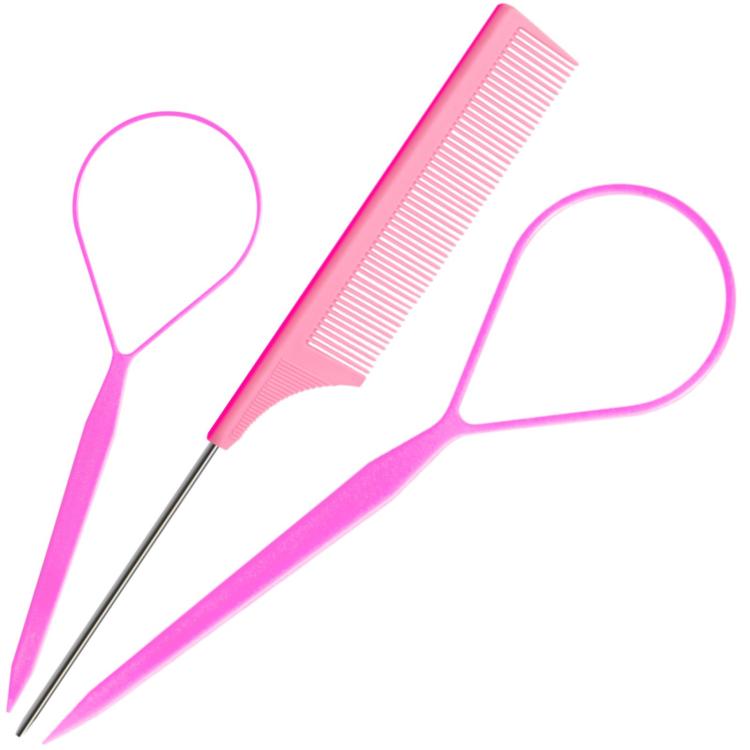 Pink highlight comb and topsy tail tool set with loop handle for hair braiding